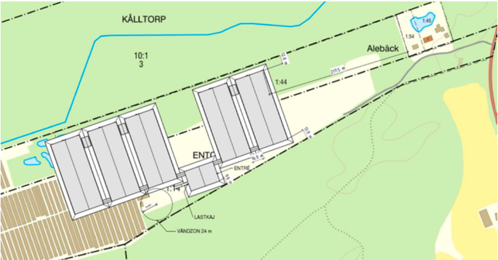 Karta över byggnader och omgivande områden vid Källtorp och Alebäck.